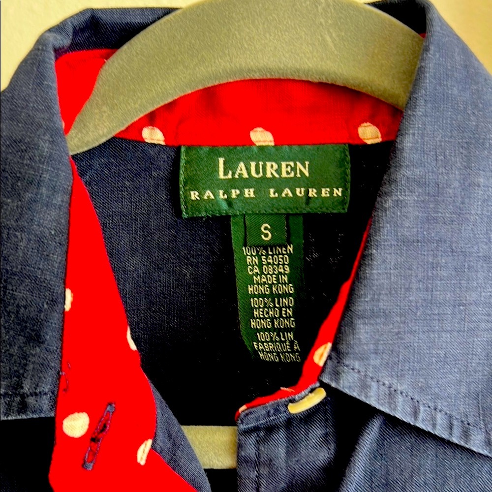 Lauren Ralph Lauren 100% linen Blue Shirt with Red Polka Dot Trim